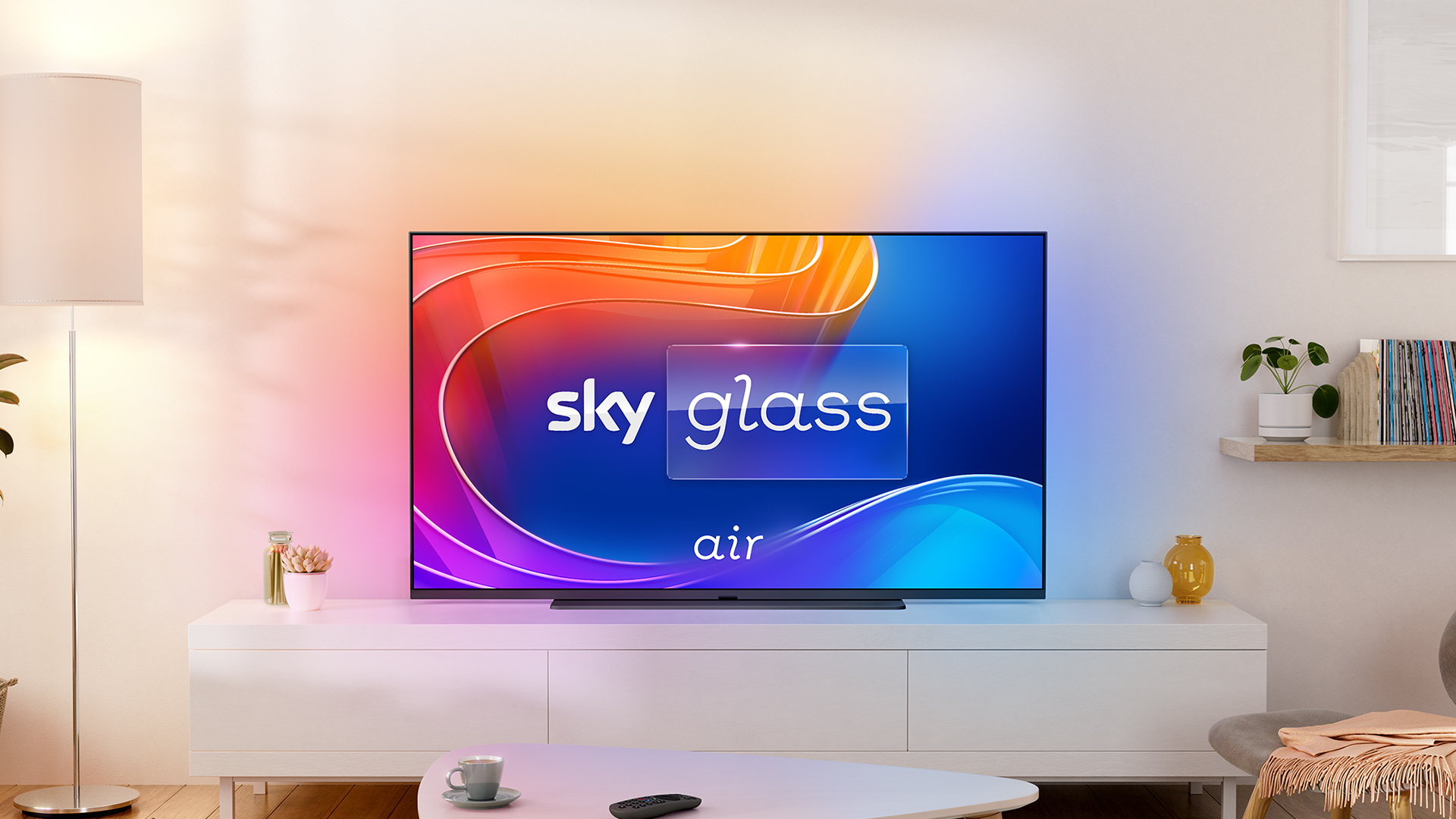 Sky Glass Air TV on a stand in a living room