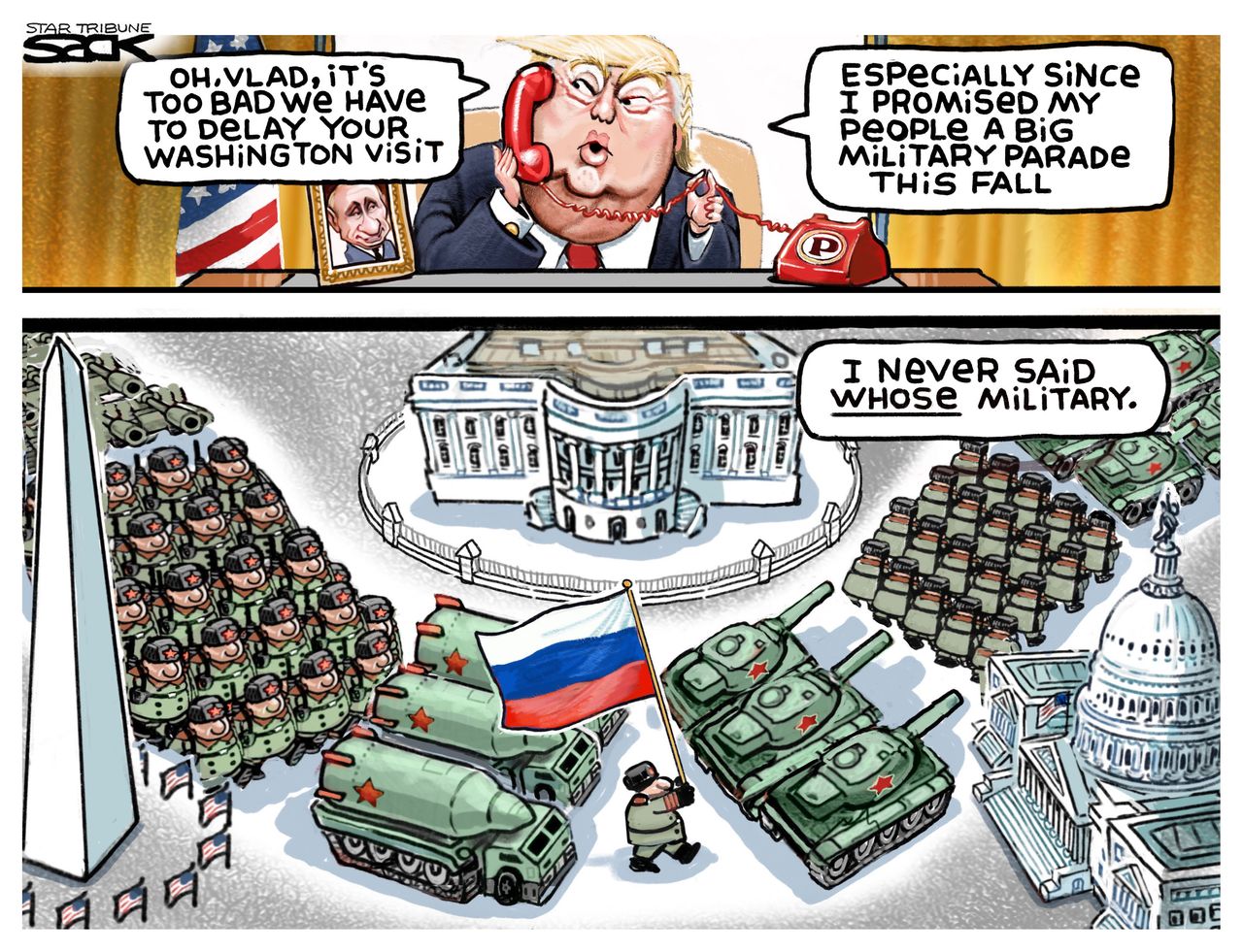 Political cartoon U.S. Trump Putin cancelled Washington visit parade