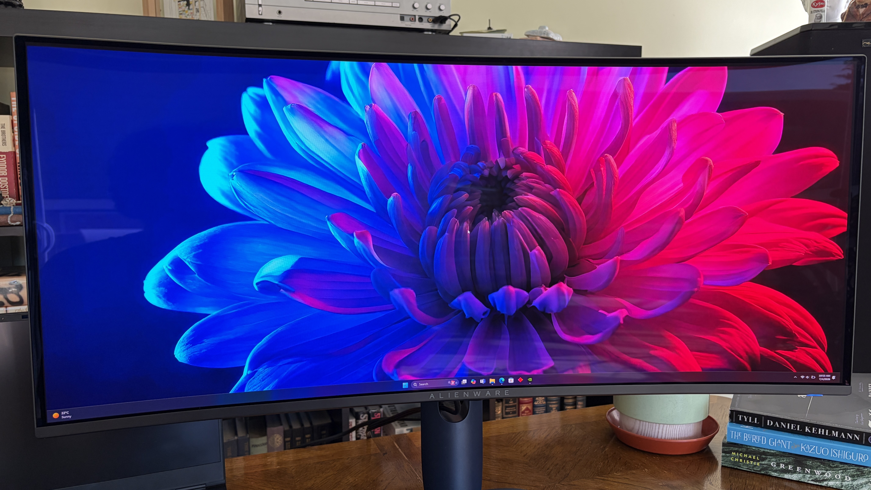 A vibrant close-up of a flower displayed on a curved Alienware AW3426DW monitor, featuring blue and pink petals against a dark background.