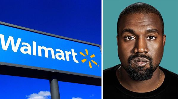 Walmart logo next to Kanye West&#039;s face