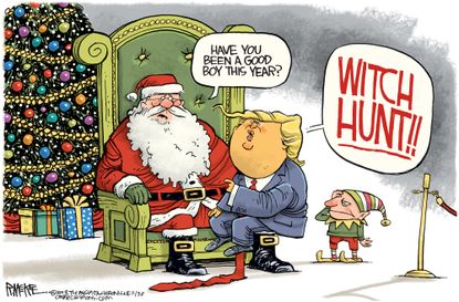 Political cartoon U.S. Trump Santa witch hunt collusion Russia investigation