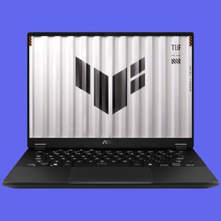 Asus TUF Gaming A14 laptop against blue background