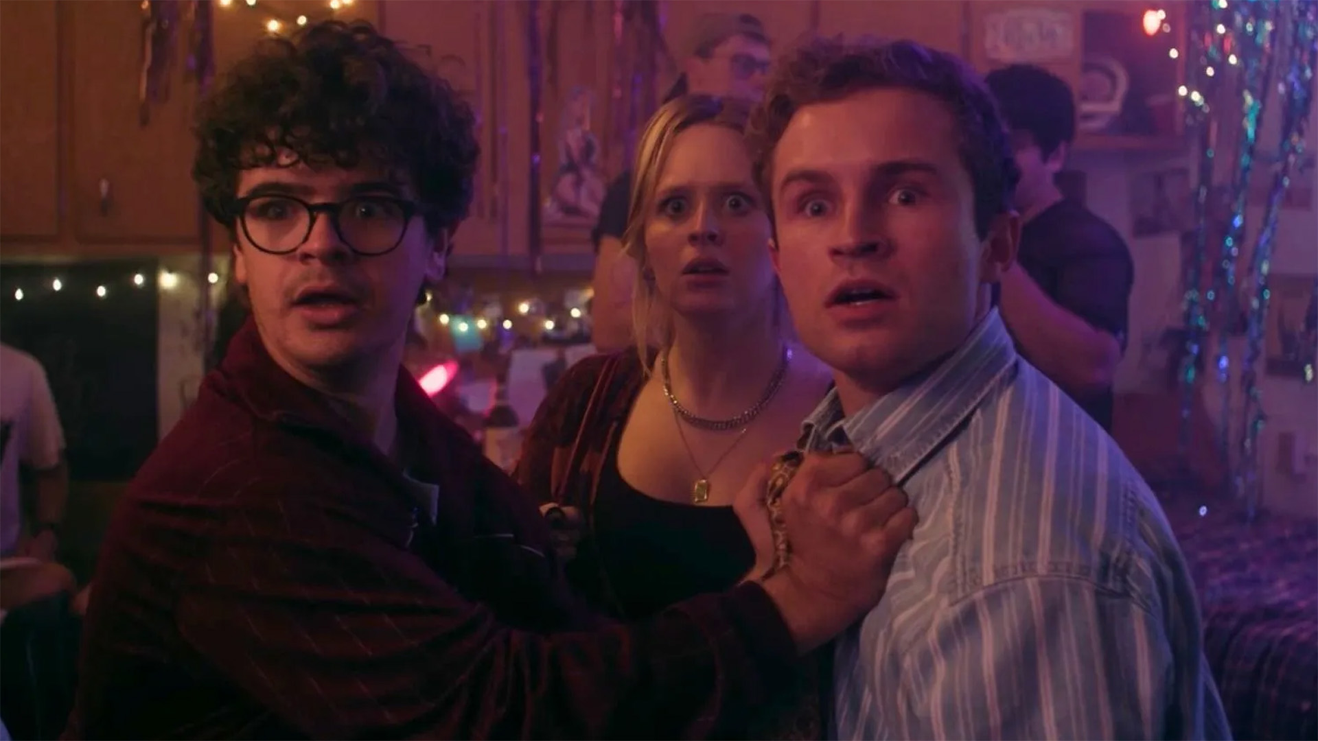 Gaten Matarazzo as Jack, Lulu Wilson as Lizzy, and Sean Giambrone as Montgomery in Pizza Movie.