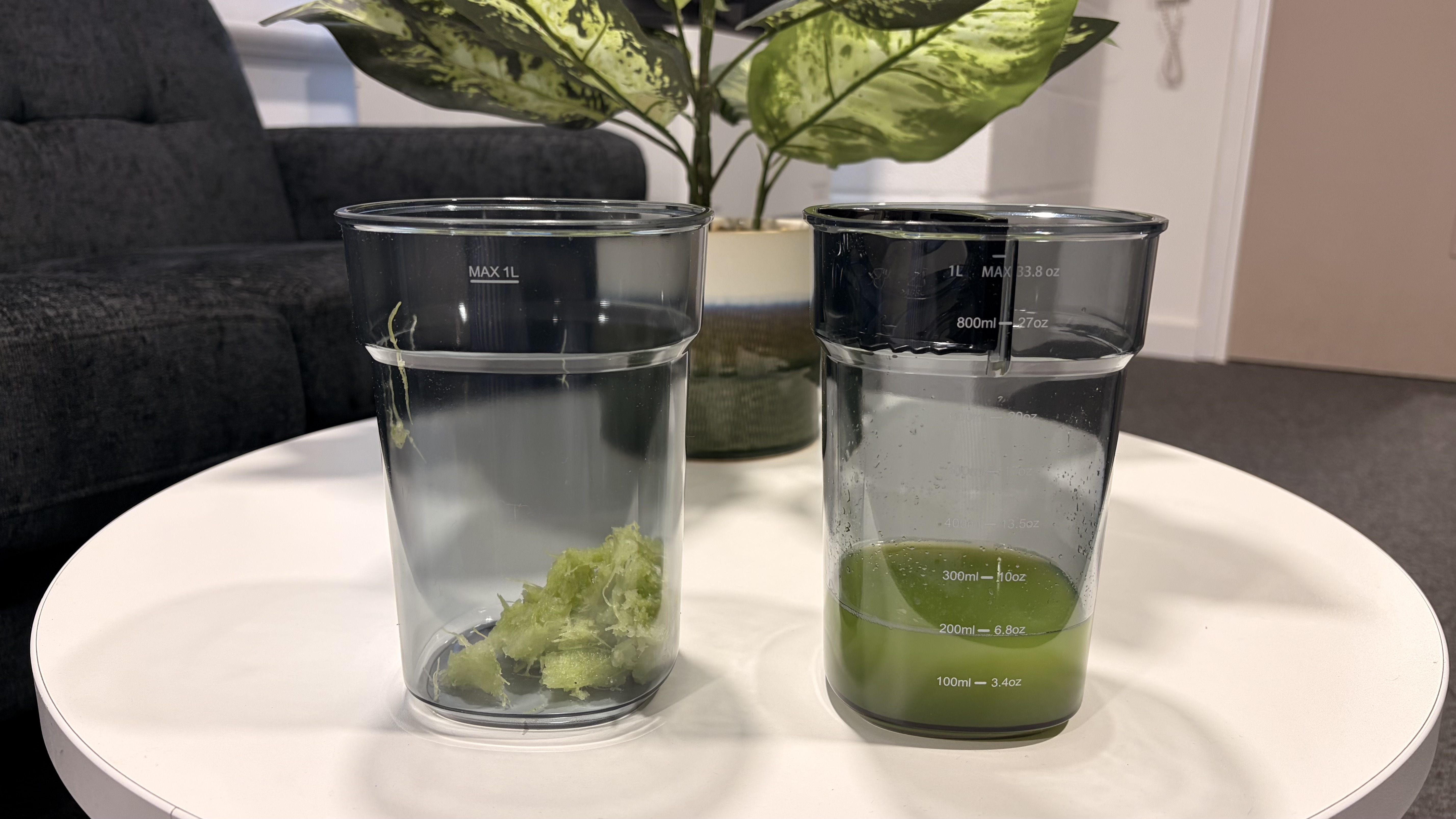 Celery juice and pulp made using the Puraflows Auramist Cold Press Juicer