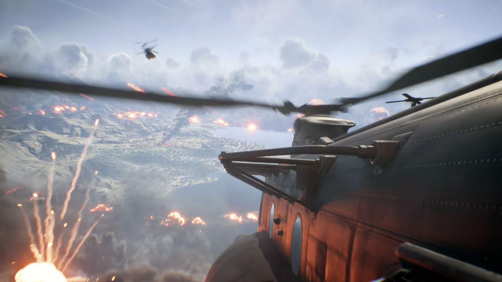 A helicopter flies into battle