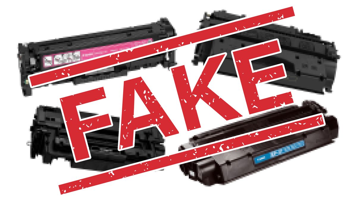 Pixelated toner cartridges covered by a &#039;fake&#039; stamp