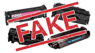 Pixelated toner cartridges covered by a 'fake' stamp