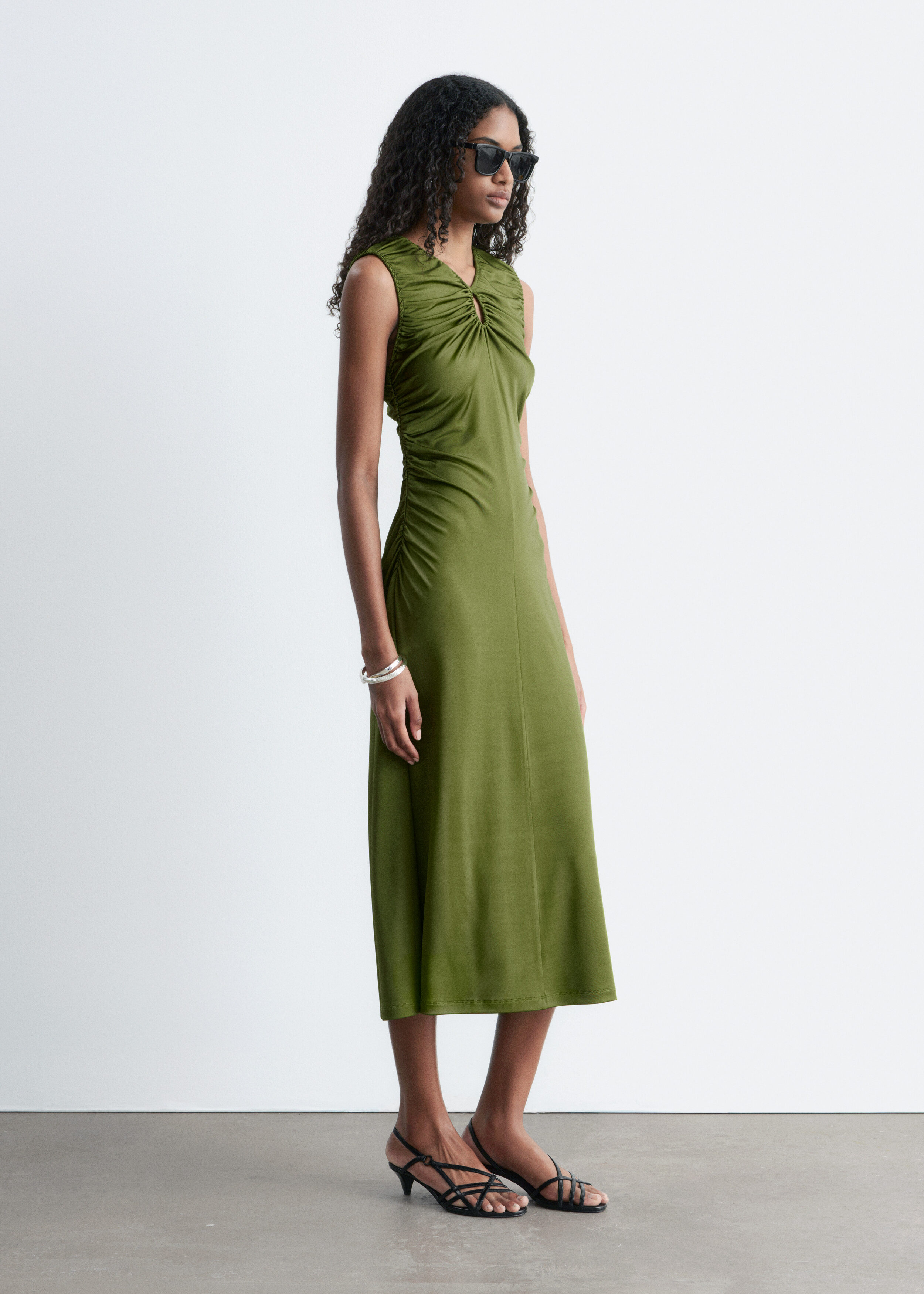 Ruched Keyhole-Neck Midi Dress