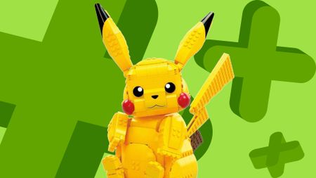 Mega Pikachu on a green background with crosses