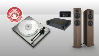 Rega turntable, Acoustic Energy floorstanders, Arcam amp and Bluesound streamer