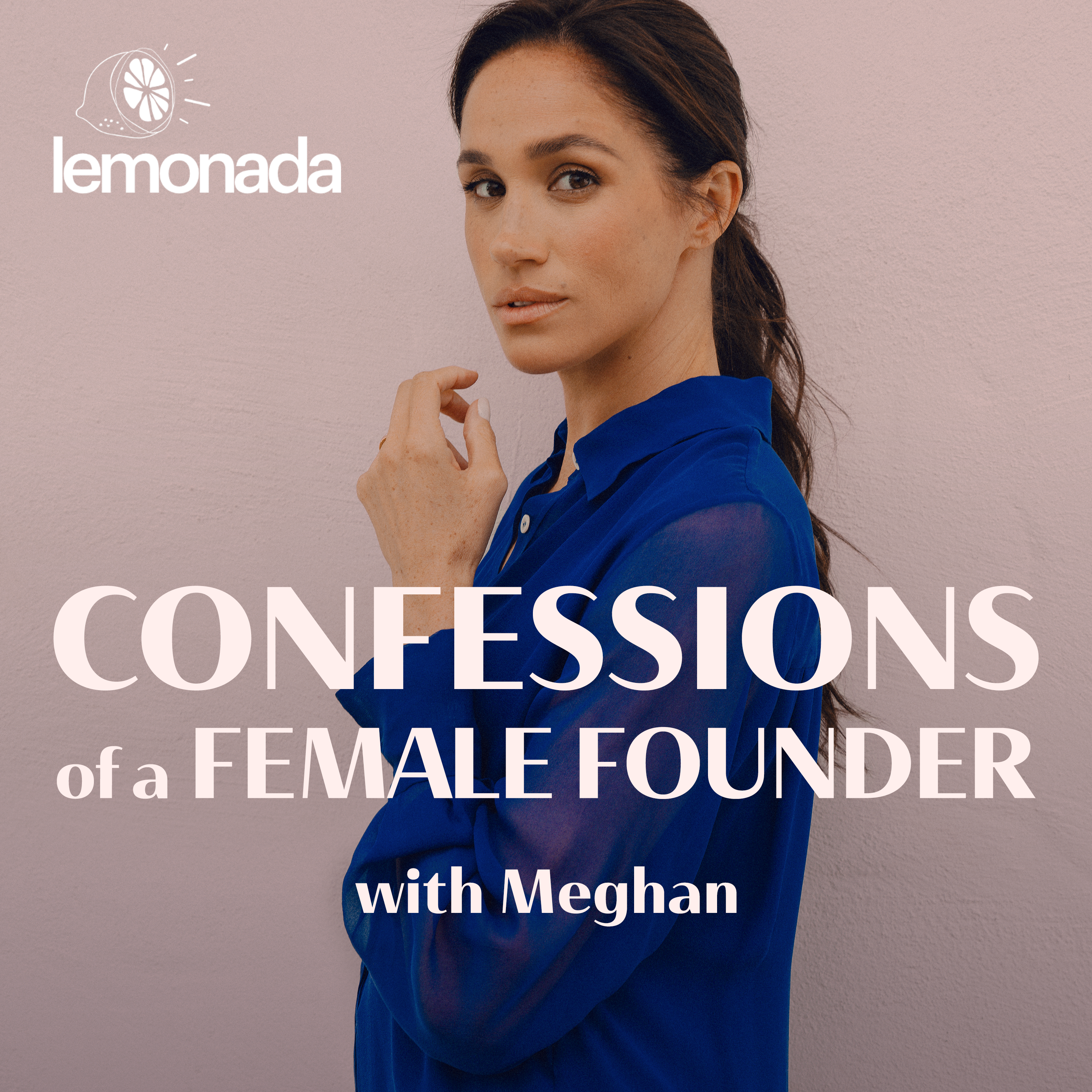 Meghan Markle podcast promo graphic with her wearing a blue shirt