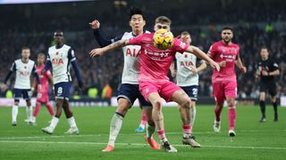 Tottenham Hotspur's Son Heung-Min and Ipswich Town's Leif Davis during the Premier League match between Tottenham Hotspur FC and Ipswich Town FC at Tottenham Hotspur Stadium on November 10, 2024 in London, England. 