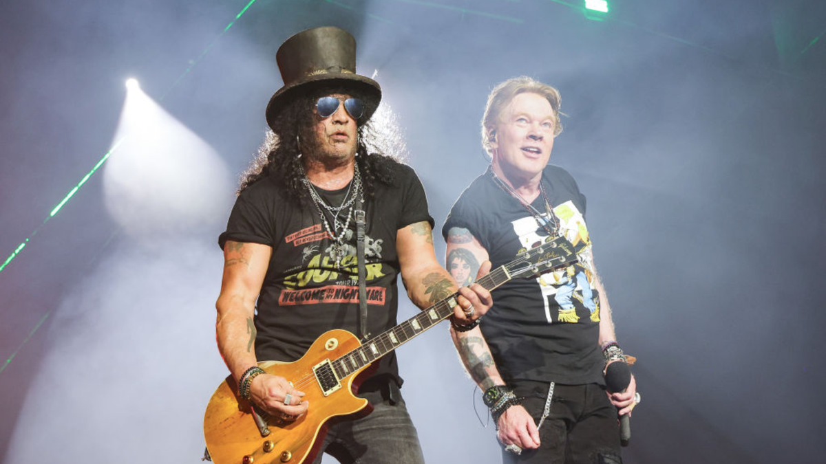 Slash and Axl Rose of Guns N&#039; Roses perform onstage during the Power Trip music festival at Empire Polo Club on October 06, 2023 in Indio, California. 