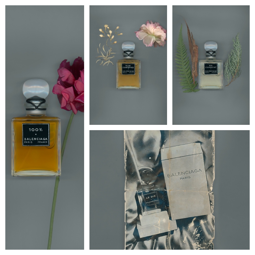 a collage of glass perfume bottles on a gray background