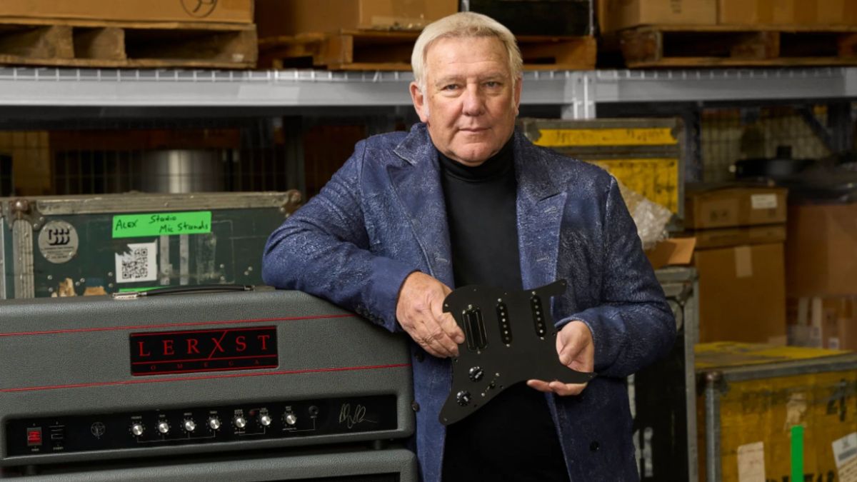 Alex Lifeson holds his new signature Lerxst Limelight pickguard