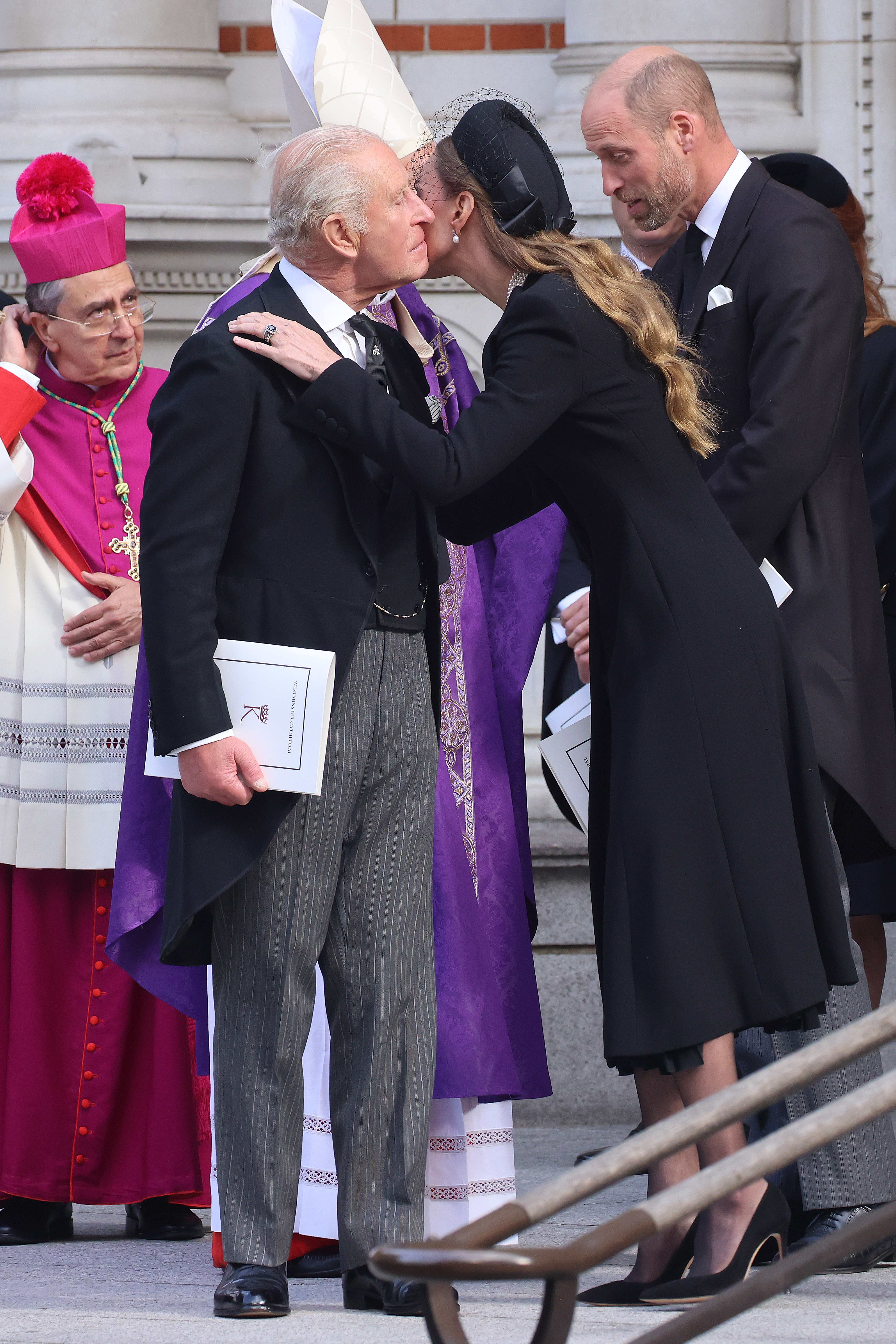 King Charles III hugs the Princess of Wales as they leave after the Requiem Mass service for the Duchess of Kent, at Westminster Cathedral, central London. Picture date: Tuesday September 16, 2025. This is the first Catholic funeral service held for a member of the royal family in modern British history. Katharine, the wife of the late Queen&#039;s cousin the Duke of Kent, converted to Catholicism in 1994.