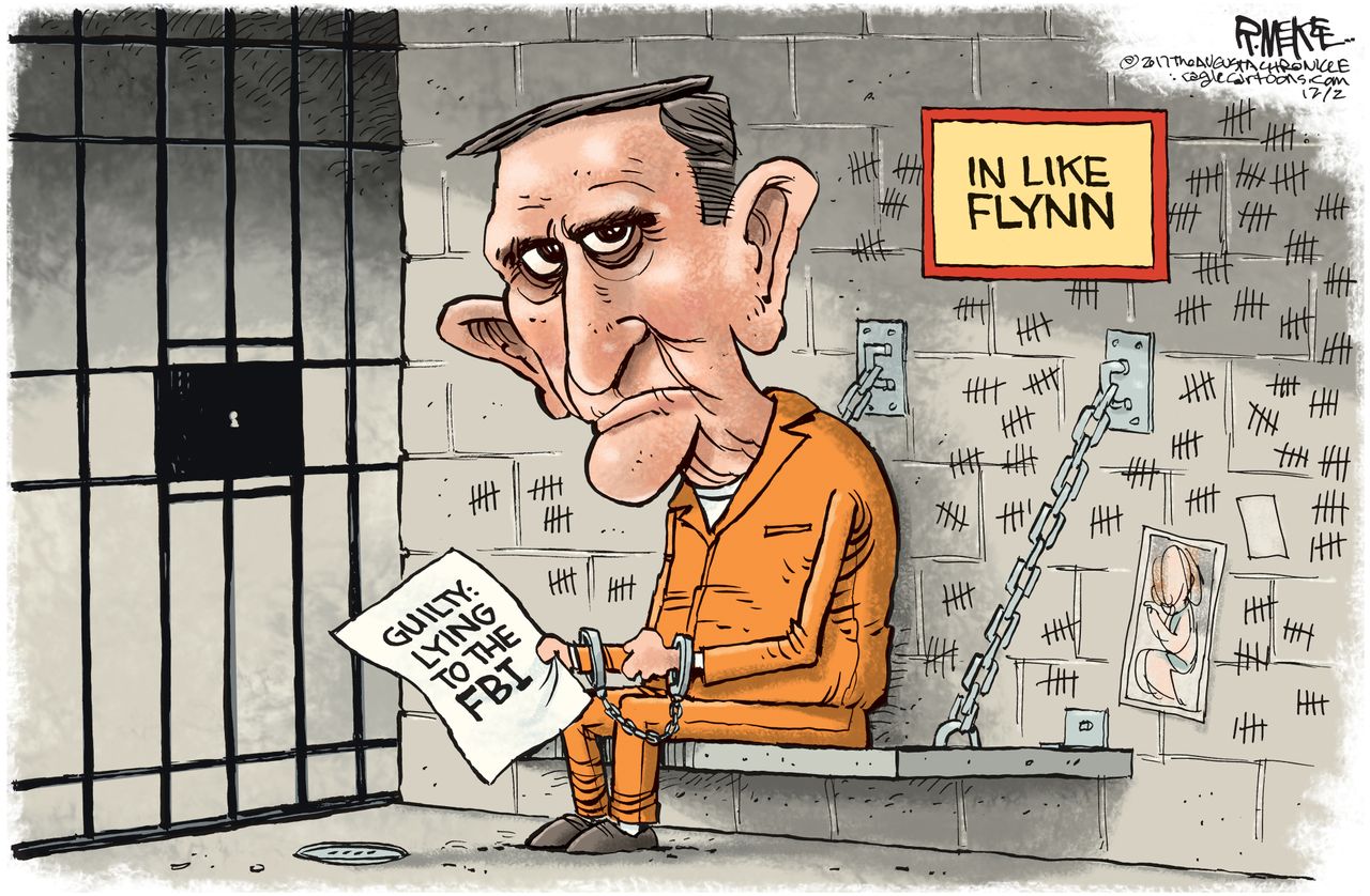 Political cartoon U.S. Mueller investigation prison Michael Flynn