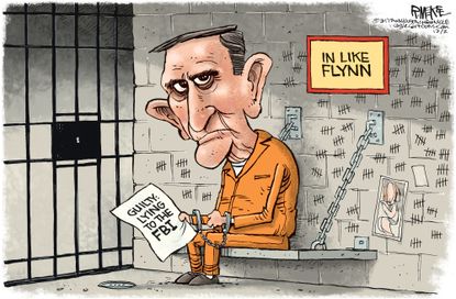 Political cartoon U.S. Mueller investigation prison Michael Flynn