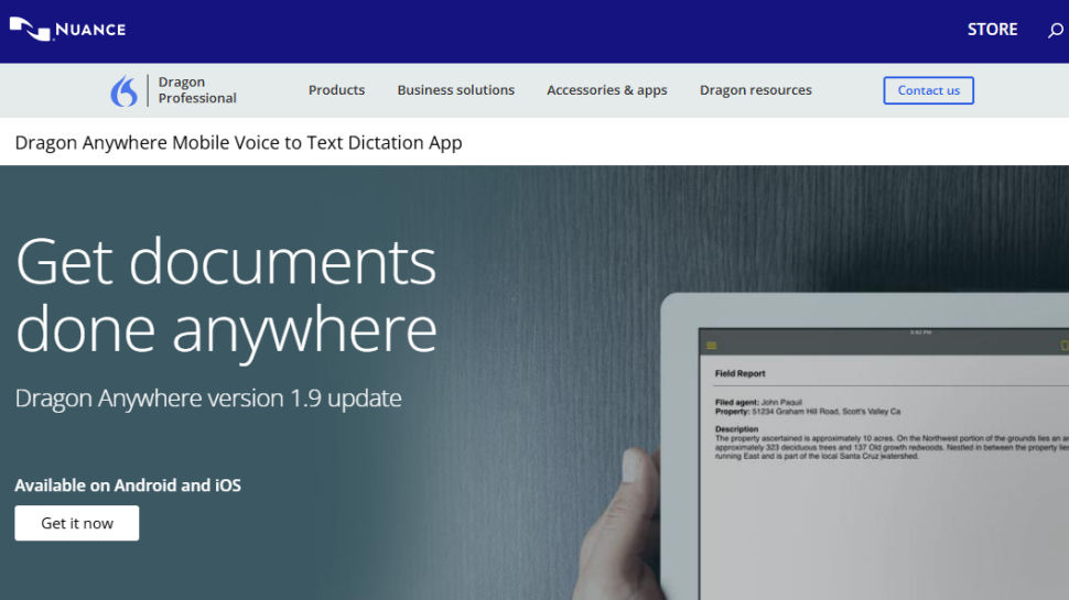 Nuance Dragon Anywhere website screenshot (June 2025)