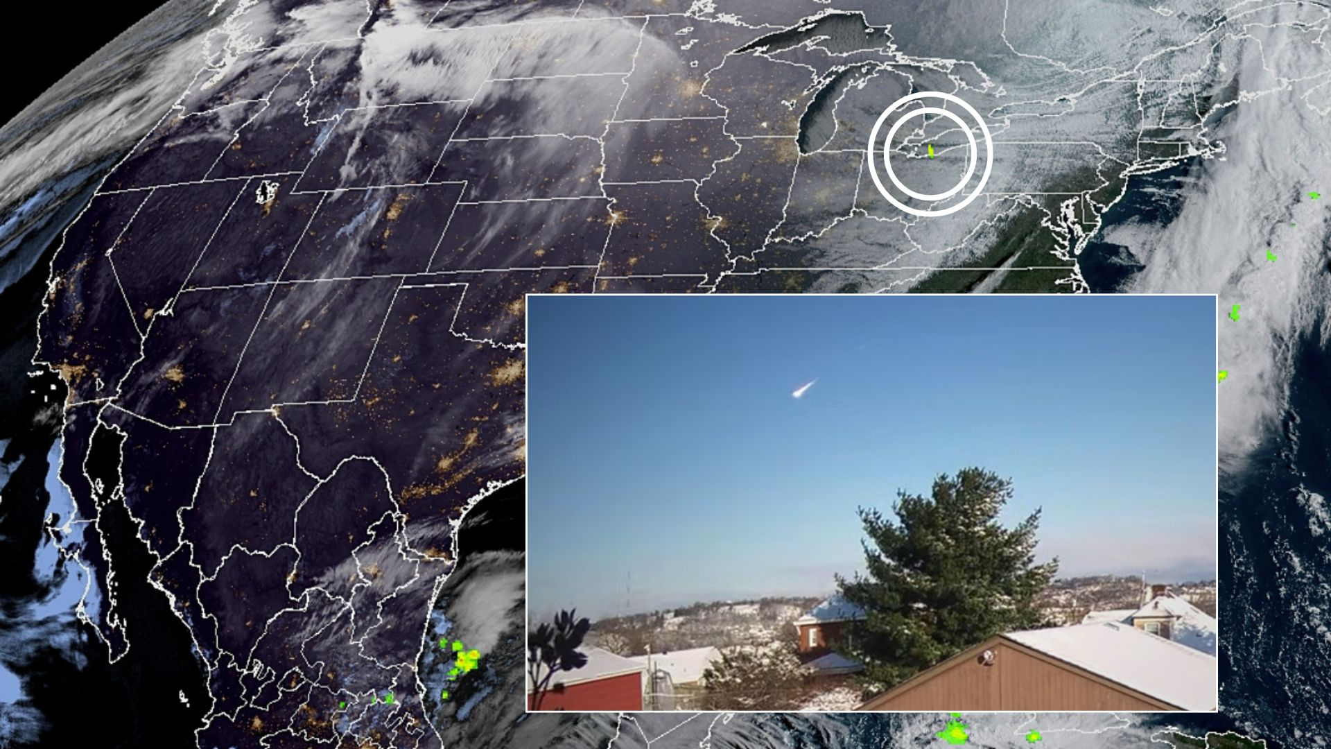 An orbital view of America is pictured with two white circles indicating the site of a meteor sighting. An image in the lower right shows a view of the fireball streaking towards the ground through the blue morning sky.