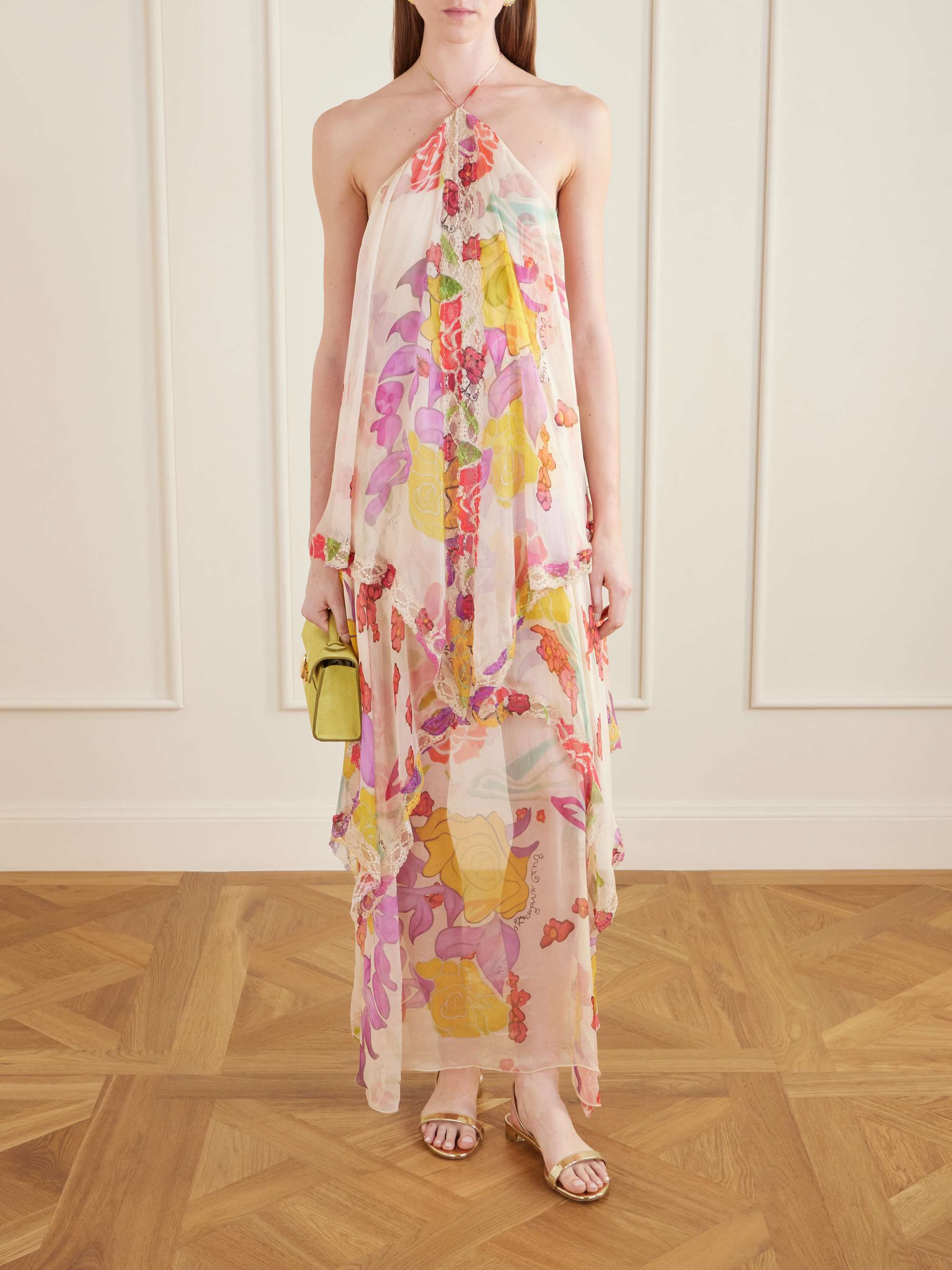 Flores Ruffled Asymmetric Lace-Trimmed Silk-Chiffon Halterneck Maxi Dress