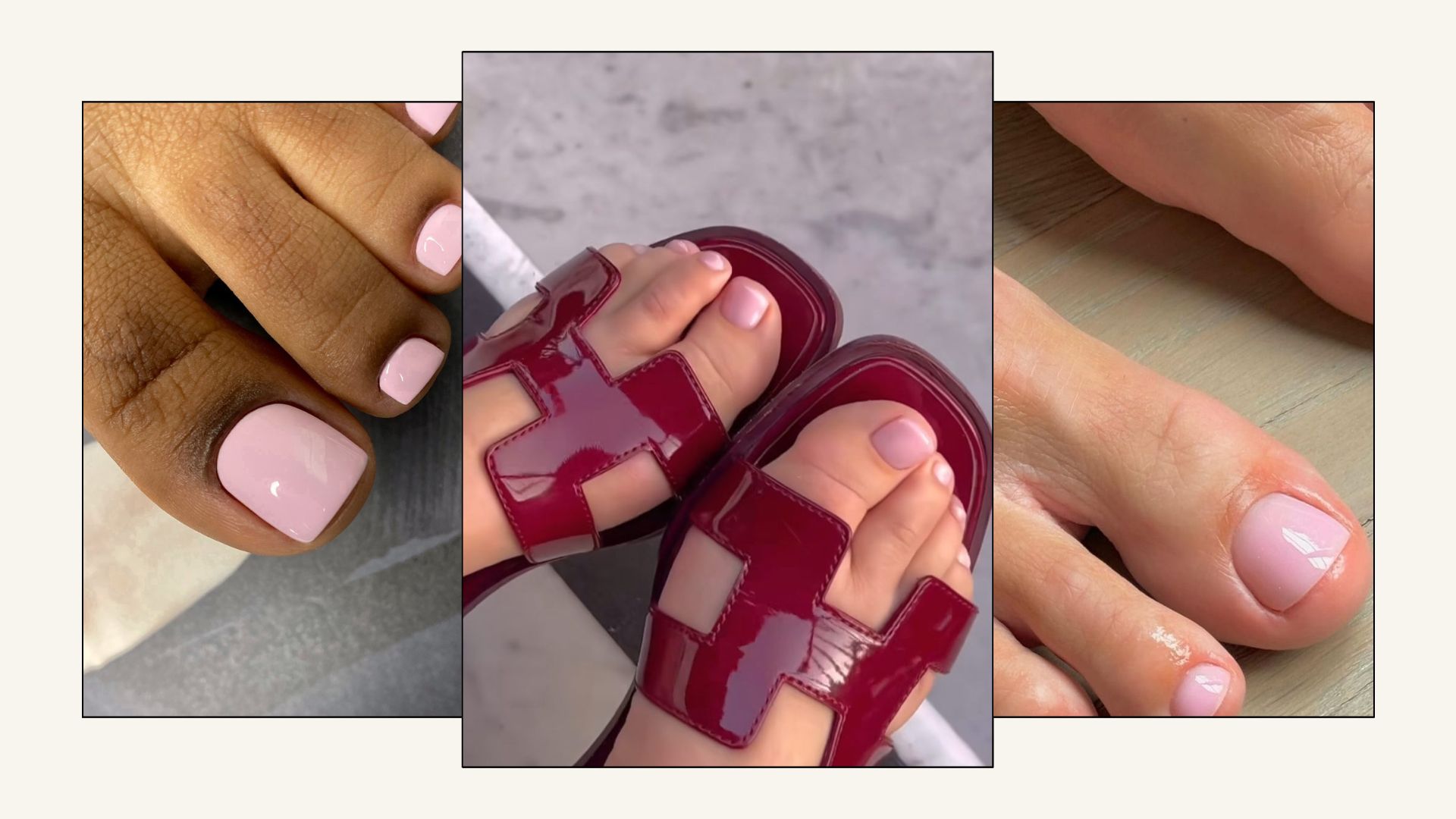 A collage of soft pink pedicure looks