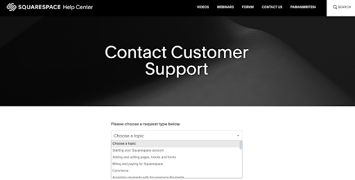 Screenshots of squarespace support