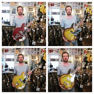 Bradley Wiggins poses with four Epiphone Guitars that he is selling. Credit: New Kings Road Vintage Guitar Emporium