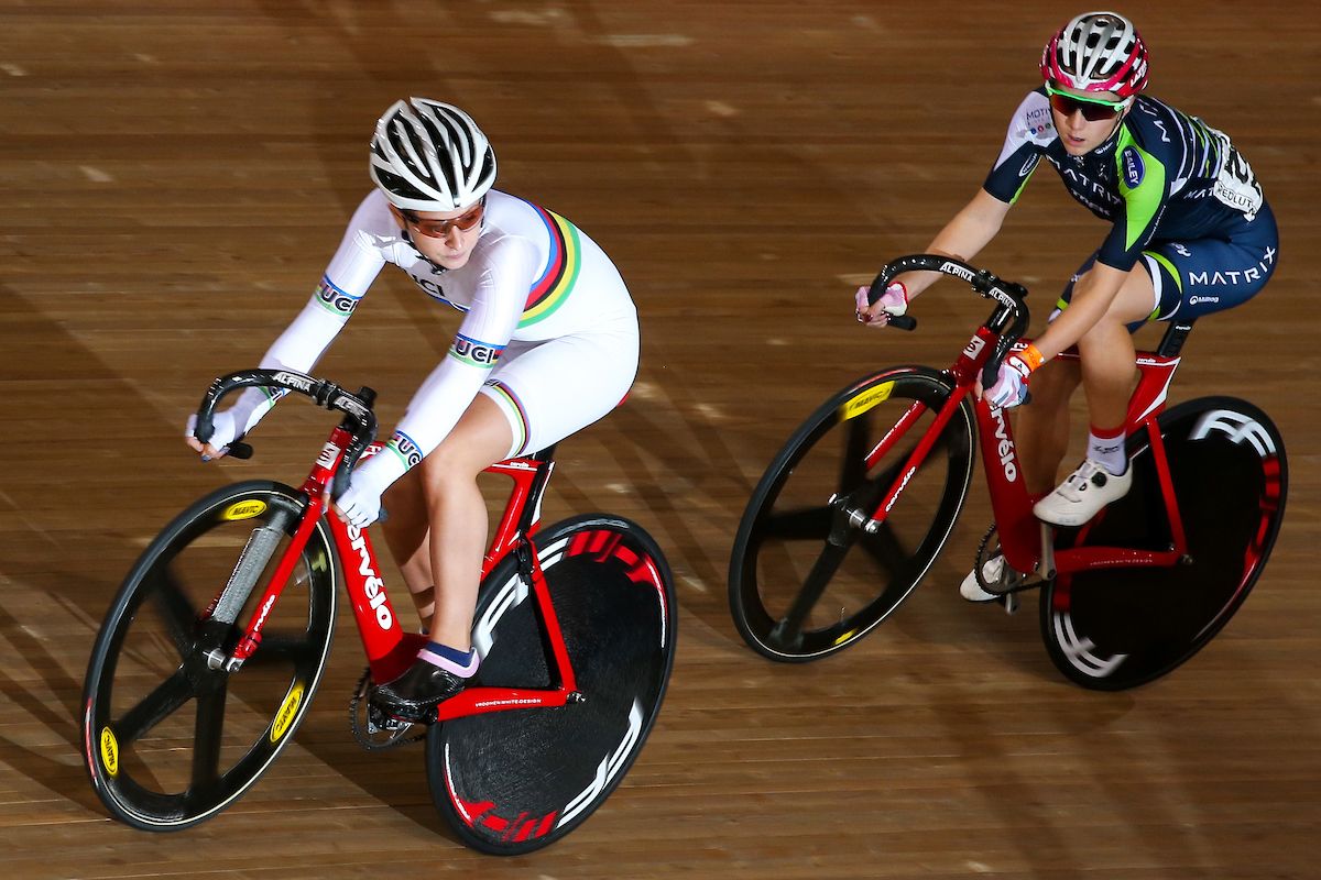 Matrix Fitness' Laura Kenny (L) and Elinor Barker (R) in action during the Women's Scratch Race.