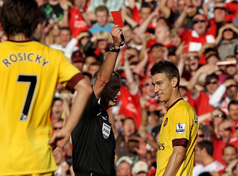 Arsenal's Laurent Koscielny is sent off against Liverpool in August 2010.