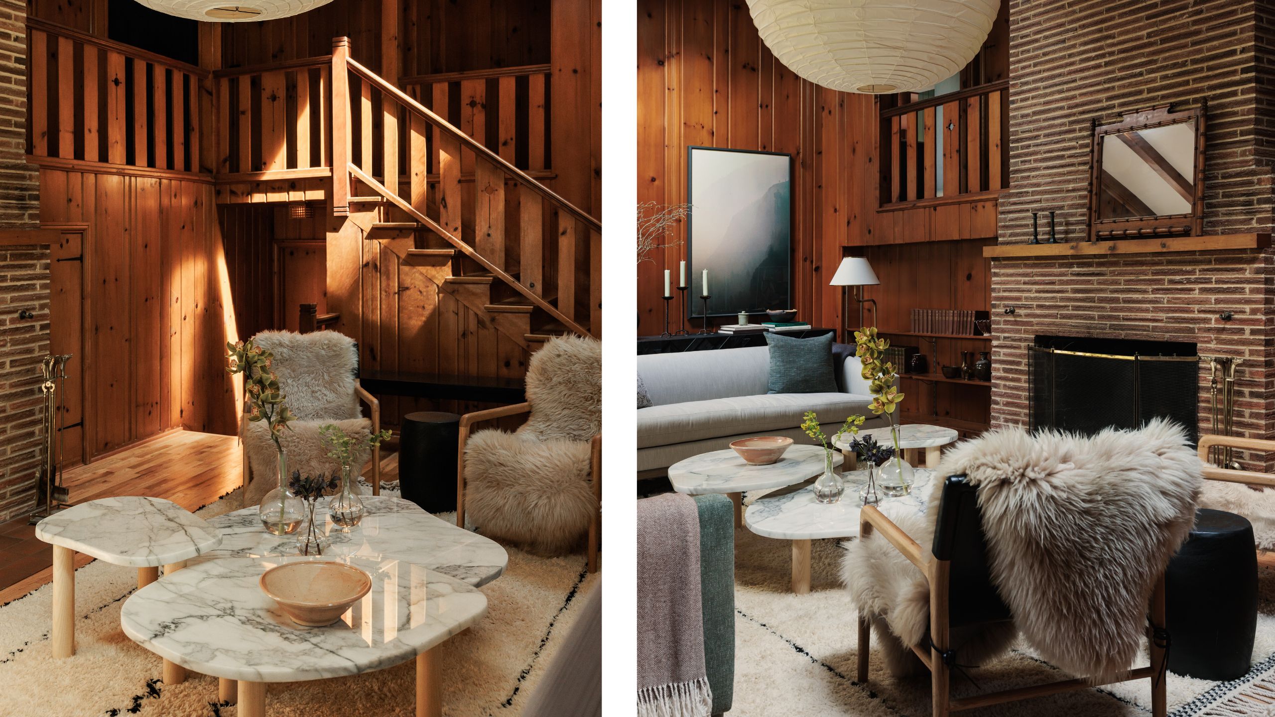 two side by side images of a cedar clad sunken mid-century living room updated with modern furnishings