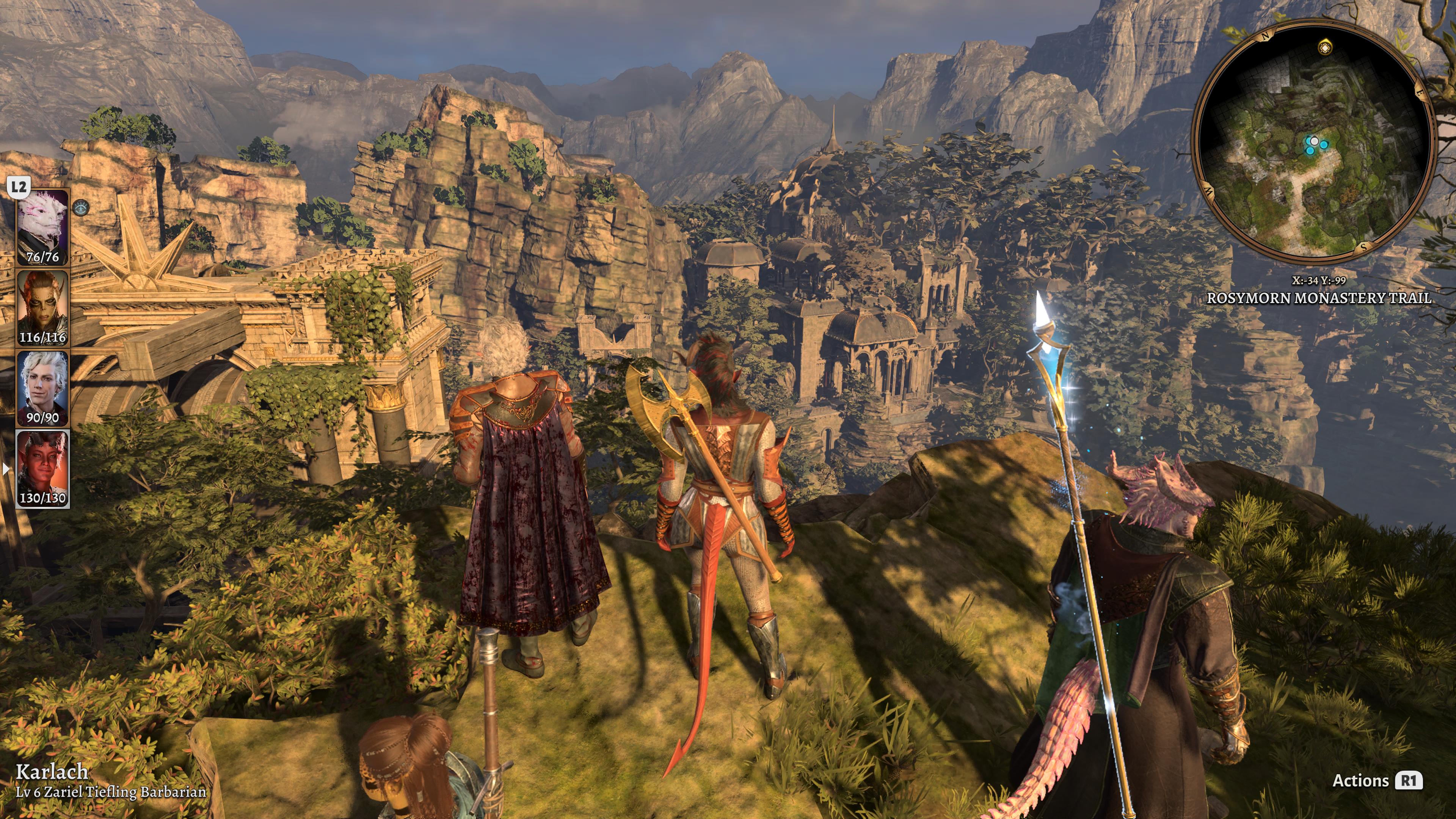 The party gazes at a temple in the distance in Baldur's Gate 3