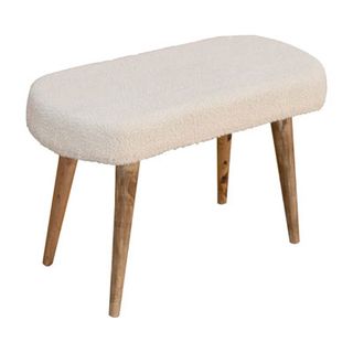 white boucle bench with mango wood legs