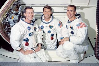 Astronaut Walt Cunningham (at right) with his Apollo 7 crewmates Donn Eisele (at left) and Walter "Wally" Schirra.