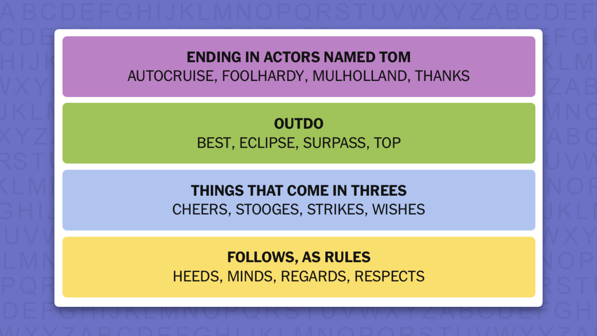 NYT Connections answers for game 1215 on a purple background