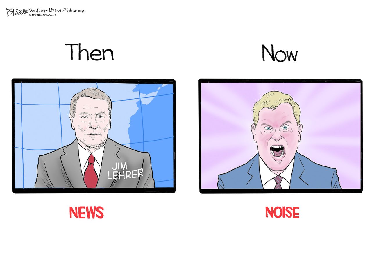 Editorial Cartoon U.S. Jim Lehrer PBS broadcast journalism talking heads aggression