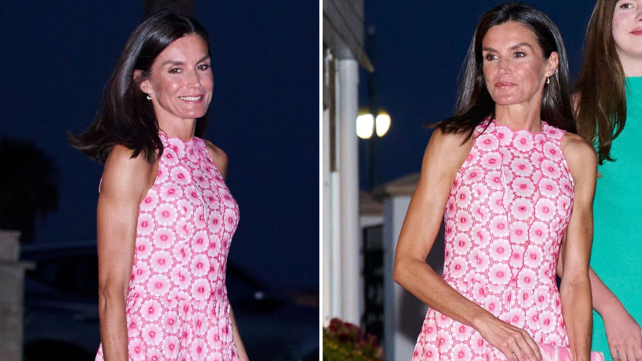 Composite of two images of Queen Letizia of Spain wearing a pink halterneck dress in Mallorca in 2024 