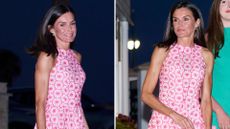 Composite of two images of Queen Letizia of Spain wearing a pink halterneck dress in Mallorca in 2024 