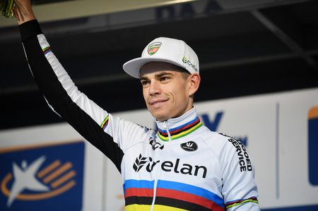 World champion Wout Van Aert (Crelan-Vastgoedservice) waves from the podium