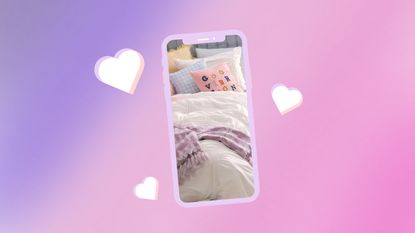 A purple bedroom in a phone on a purple background