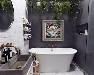 Grey bathroom idea with multicolored waterproof wall art by YardArt
