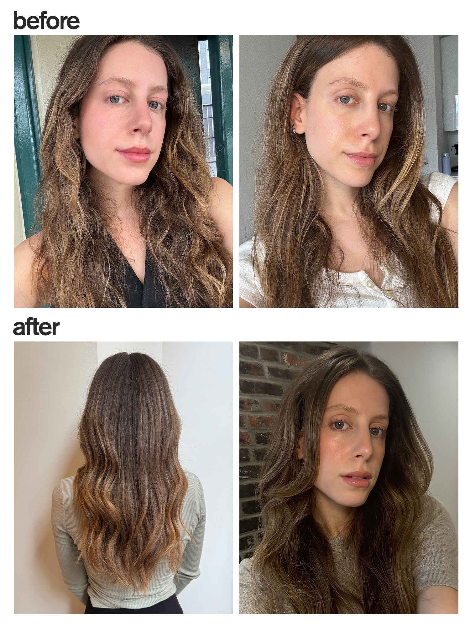 Jamie Schneider's before and after photos from testing Color Wow's Dream Coat Supernatural Spray