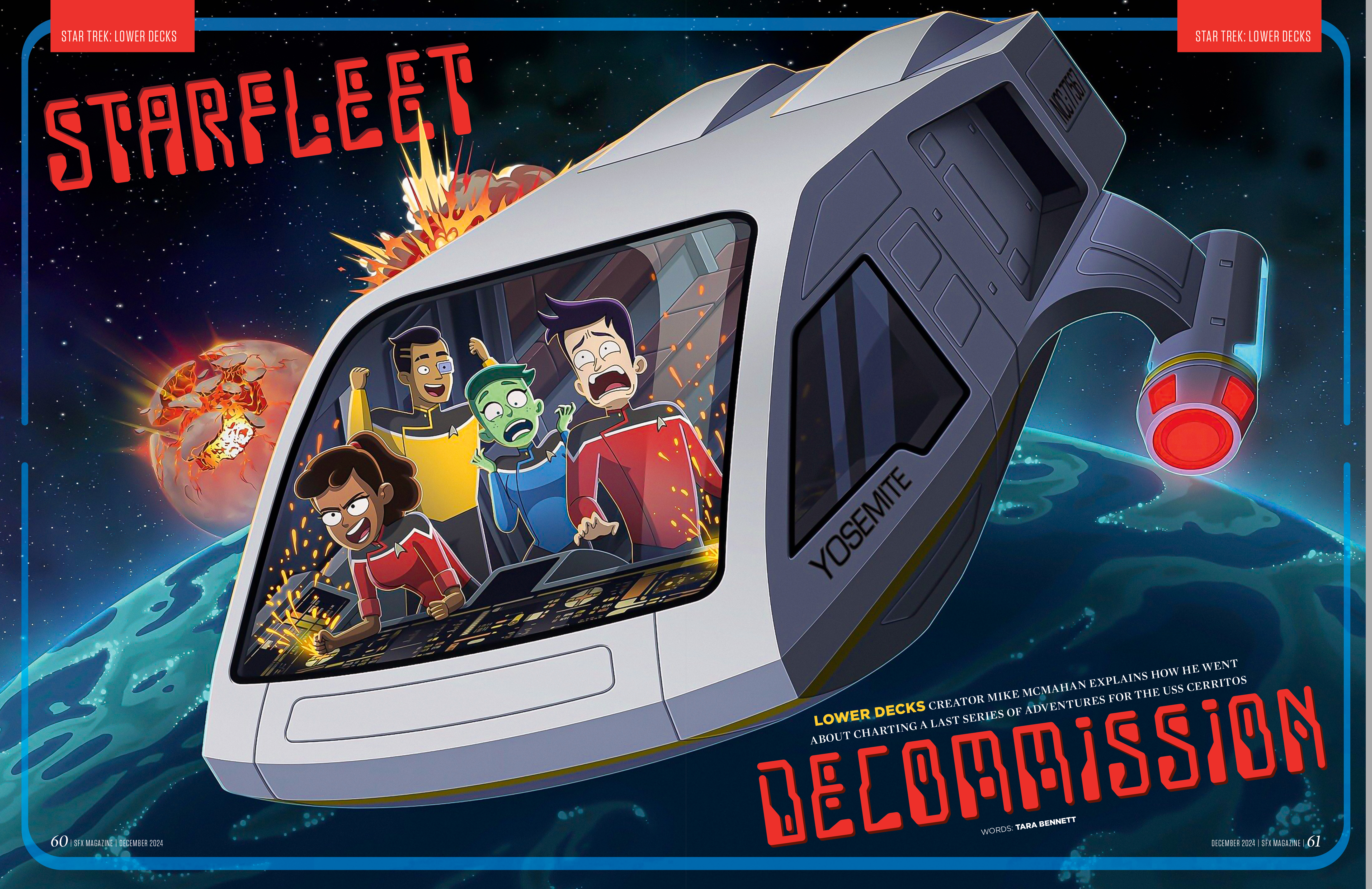 Four Lower Decks characters inside a shuttle.