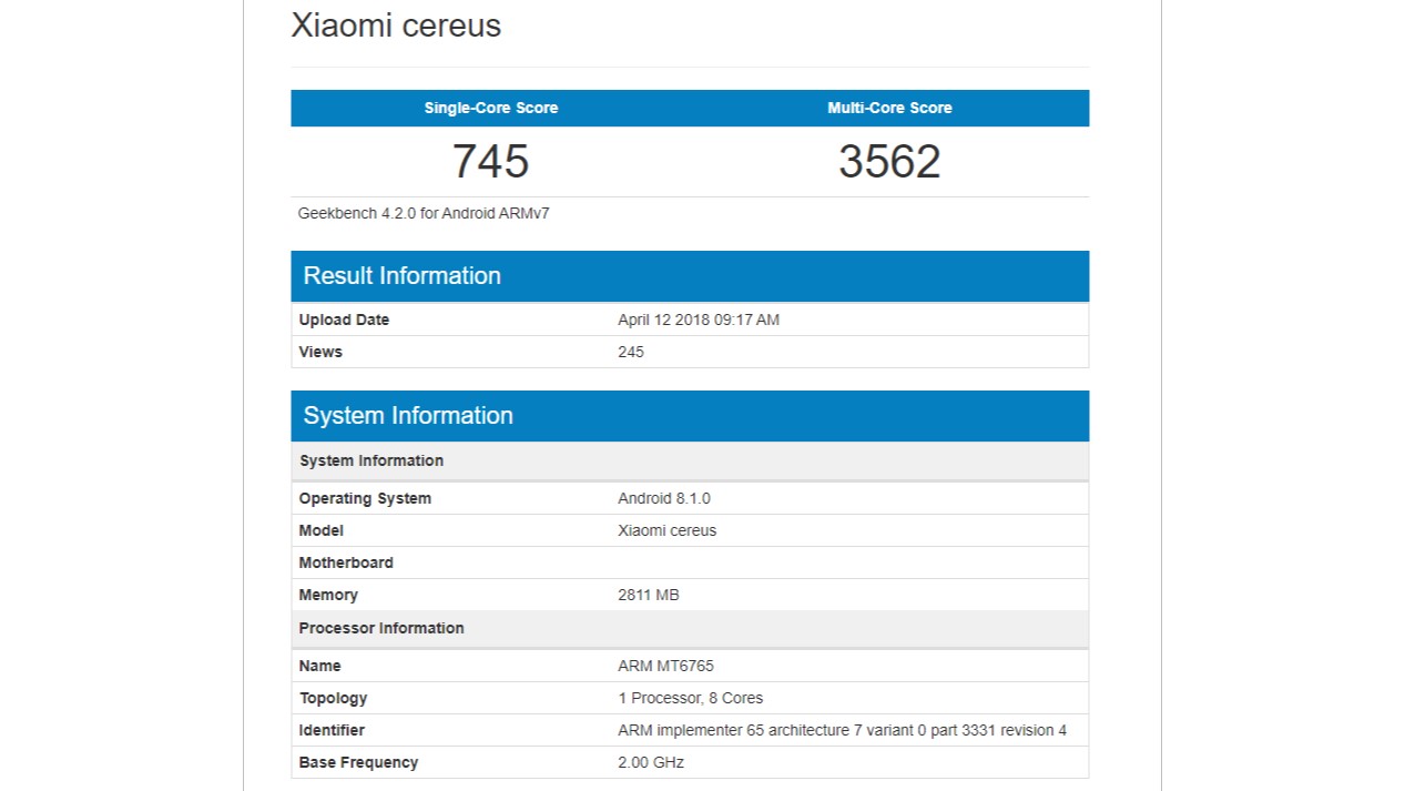 Xiaomi Cereus on Geekbench