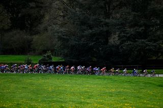 LIEGE BELGIUM APRIL 23 A general view of the peloton passing through a landscape during the 7th Liege Bastogne Liege 2023 Womens Elite a 1428km one day race from Bastogne to Lige UCIWWT on April 23 2023 in Lige Belgium Photo by Tom Goyvaerts PoolGetty Images