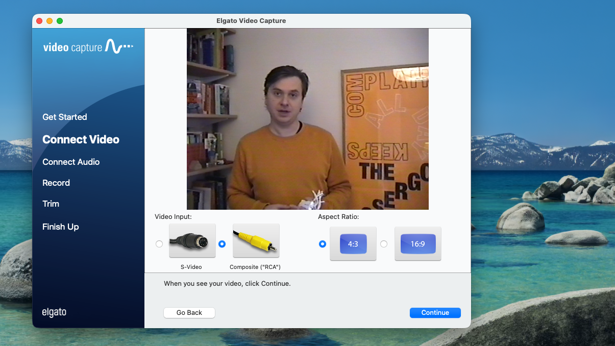 Screenshot of Elgato Video Capture software showing source and aspect ratio selection