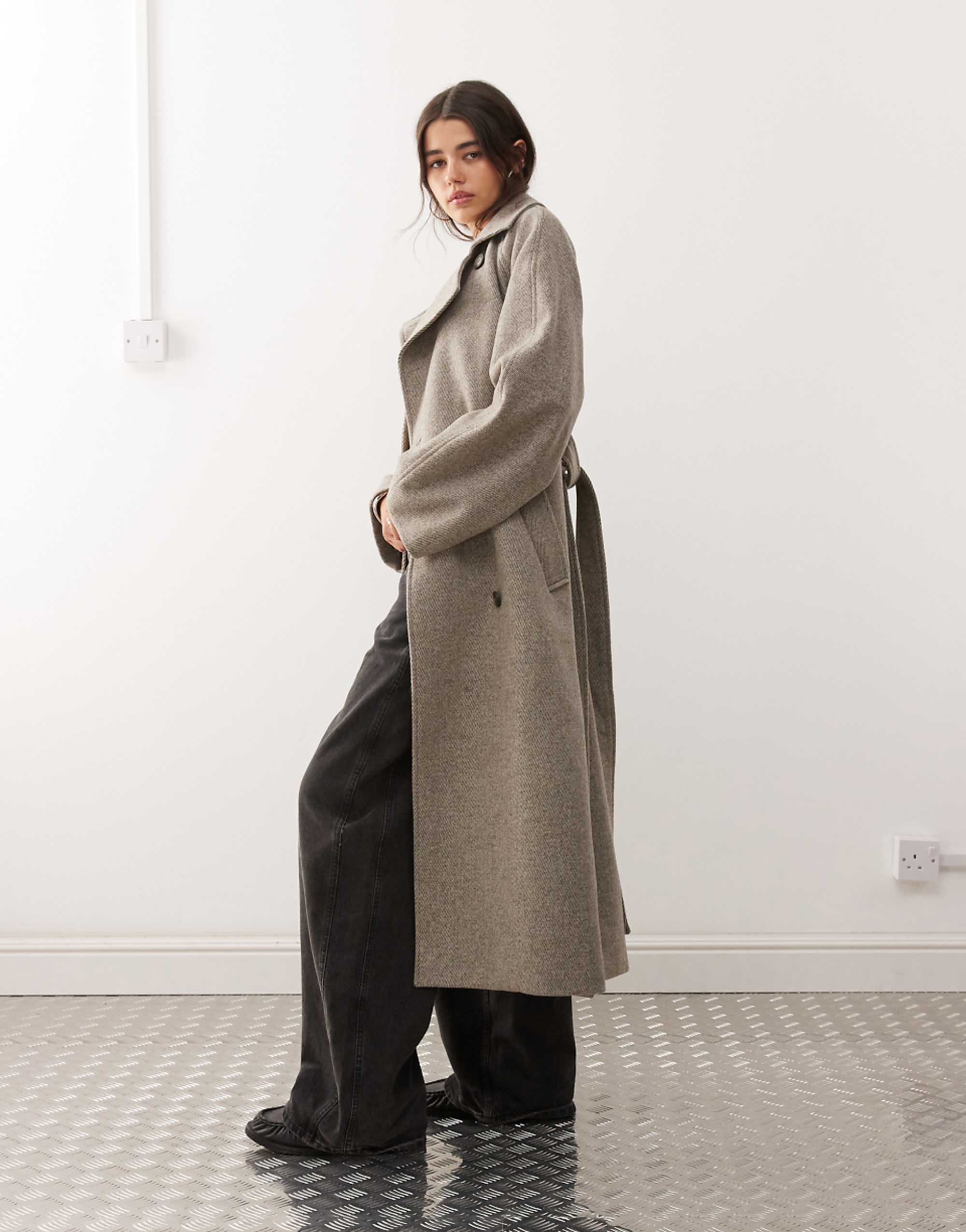 Weekday Kia Wool Blend Oversized Coat With Tie Waist Detail in Mole Melange