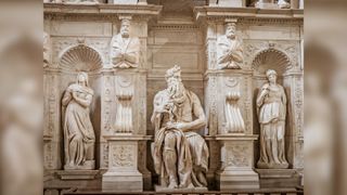 The statue of Moses made in marble by Michelangelo, is in the San Pedro in Vincoli church. It is part of the sculptural ensemble of the tomb of Julio II.