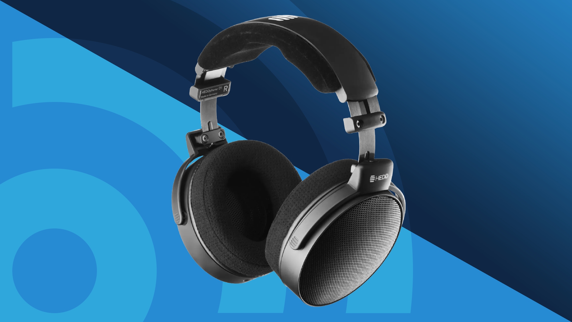 Heddphone D1 headphones on a blue gradient background
