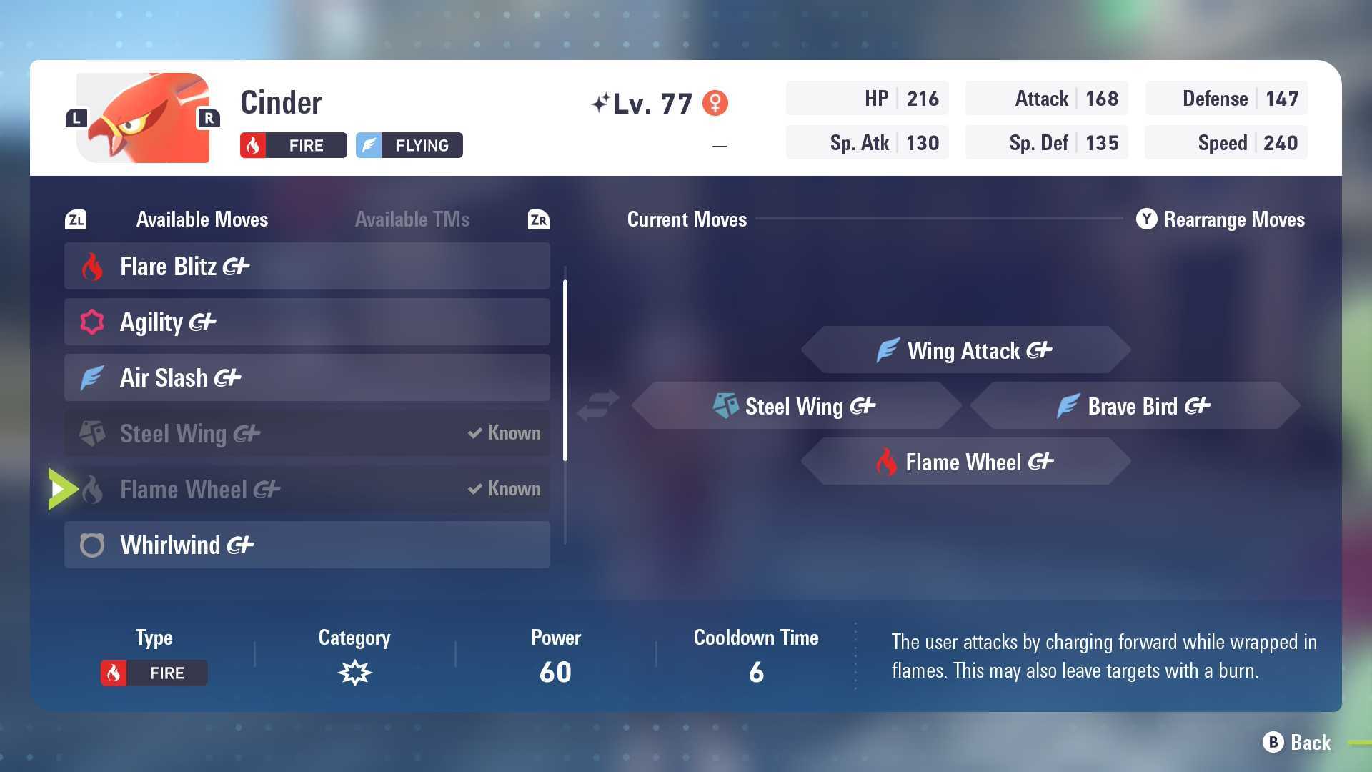 A screenshot of a Talonflame&#039;s learned moves in Pokemon Legends: Z-A.